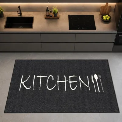 Produktbild von Küchenmatte mit Schriftmotiv, schmutzabweisend und pflegeleicht Schwarz Größe - 80 x 300 cm