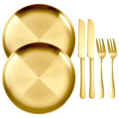4-teiliges Set goldene Servierplatten 20 cm mit Besteck