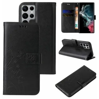 Produktbild von Kunstleder Flip-Hülle Floral für Smartphones - Farbe: Schwarz - Modellkompatibilität: Für Samsung Galaxy S23 Ultra