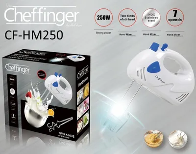 This is a promotional image for a Cheffinger hand mixer, featuring the product and its packaging, along with icons highlighting its features.