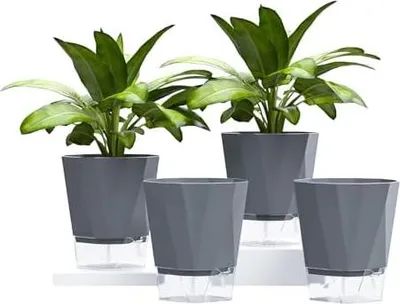 Produktbild von 4er Set Selbstbewässernde Blumentöpfe - Perfekt als Fensterbank Kräutertöpfe für die Küche, mit automatischer Wasseraufnahme für gesündere Kräuter und Pflanzen, Grau