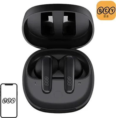 A pair of black QCY T13x TWS in-ear earbuds in their charging case, with a smartphone displaying the QCY logo in the lower left corner.