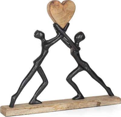 Produktbild von Moderne Skulptur aus Aluminium und Holz 38 x 6 x 33 cm - Dekofigur mit Herz auf Mangoholzsockel - symbolhafte Figurendeko für Liebe Freundschaft Zusammenhalt Partnerschaft