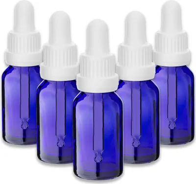 Produktbild von 5x Blaue Glasflasche 15 ml mit weißer Pipette Tropfer Tropfflasche Set