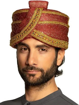 Produktbild von Royaler Turban in Rot mit Goldapplikationen