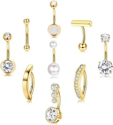 Obrázok produktu pre Piercing do brucha set 9 kusov 14ga 10mm korálky z nerezovej ocele CZ opál
