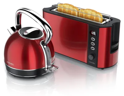 Zdjęcie produktu dla Zestaw śniadaniowy Arendo: czajnik VINTAGE o pojemności 1,7 l i mocy 2200 W oraz toster FRUKOST na 2 kromki, wykonane ze stali nierdzewnej, w stylu retro, zestaw do kuchni, 2 urządzenia, kolor czerwony, Obraz wygenerowany przez AI