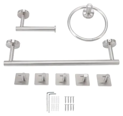 Produktbild von Badezimmer-Hardware-Set mit Handtuchringen, Taschentuchhalter, 5 Haken, Zubehör aus Edelstahl 304