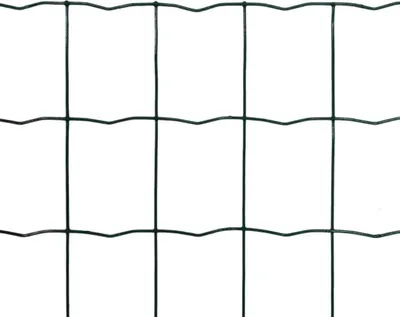 A close-up view of a green wire mesh fence.