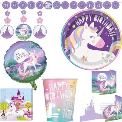 Produktbild von Geburtstag Party Set Einhorn lila Teller Becher Servietten Kindergeburtstag