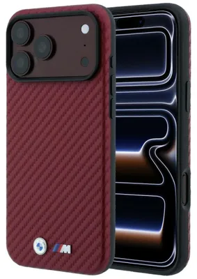 Produktbild von Handyhülle BMW M Carbon Metal Logo MagSafe für iPhone 18 Pro / 17 Pro, Dunkelrot