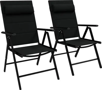 Image de Outsunny Lot de 2 chaises pliantes Chaises de jardin avec appui-tête, accoudoirs et structure en aluminium Capacité de charge de 130 kg pour la terrasse 54x67x108 cm Noir