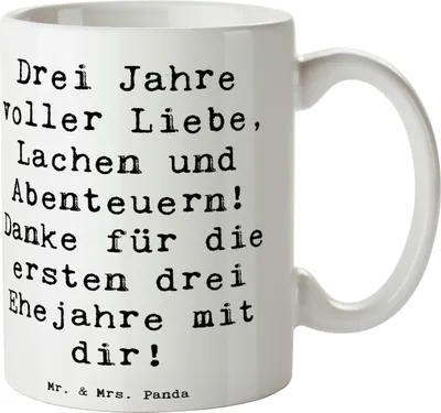 Produktbild von Mr. & Mrs. Panda Kaffeebecher Spruch 3. Hochzeitstag Lederhochzeit - Weiß - Geschenk, Kaffeetasse, Tasse, Jahrestag, Becher, Trinkbecher, Hochzeit, Meilenstein, Heirat