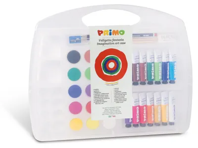 Image de Primo Fantasia : coffret avec 14 tubes de gouache 12 ml et 15 couleurs aquarelles diamètre 30 mm, 1 pinceau, 1 crayon HB, 1 gomme, 1 taille-crayon, 1 palette de mixage
