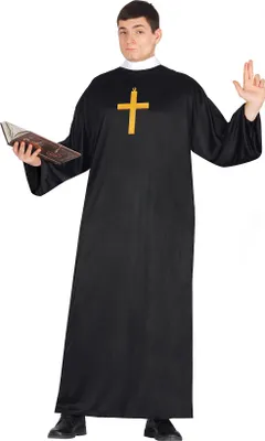 A man dressed in a priest costume holding a book and gesturing.