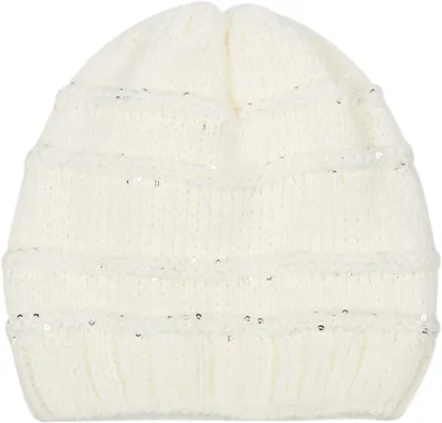 Produktbild von styleBREAKER Damen Strick Wintermütze mit Pailletten, Öffnung für Pferdeschwanz und Thermo-Fleece Futter, Beanie Mütze 04024177