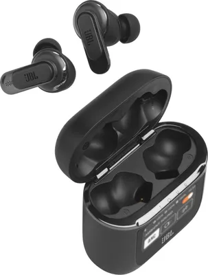 A pair of black JBL Tour Pro 2 wireless earbuds and their charging case are displayed against a white background.