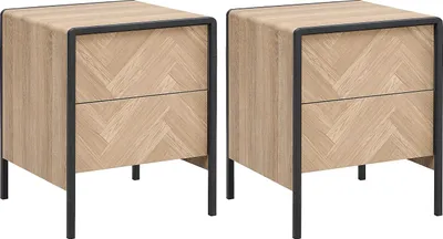 Produktbild von Set mit 2 Nachttischen - 2 Schubladen - MDF und Metall - Natur und schwarz - TUMACO