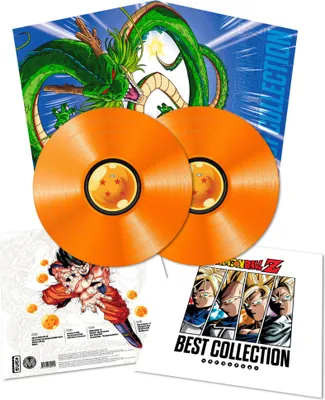 A collage of Dragon Ball Z merchandise, including vinyl records, a poster, and album art.