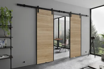 Produktbild von Schwebetür loft stil Ares Duo - Schiebetür 210 cm, Schiebetürsystem, Wohznimmer, Schlafzimmer, Büro - Design Zimmertür (Sonoma Eiche)