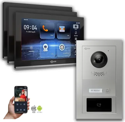 Produktbild von Goliath IP Video Türsprechanlage mit Kamera 10-Zoll RFID Silber : 3 Monitore : 10 Zoll Schwarz : Unterputzdose Monitor Anzahl: 3 Monitore Monitor Farbe: 10 Zoll Schwarz Montage: Unterputzdose