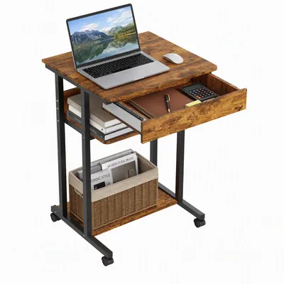 Produktbild von Laptoptisch mit Schublade und 2 Ablageflächen, Rollbarer PC-Tisch mit 4 Rollen für kleine Wohnungen Vielseitiger Bürotisch mit Stauraum