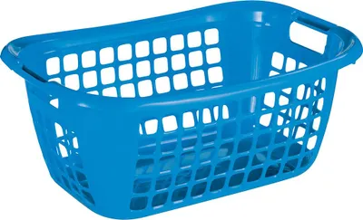 A blue plastic laundry basket is shown against a white background.
