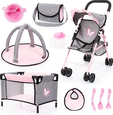 Produktbild von Bayer Design 21533AB Puppenbuggy Set mit Bett, Spielbogen, Tasche, Zubehör, grau, rosa