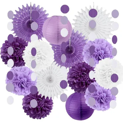 Produktbild von Party Deko Set Lila Weiß Seidenpapier Pompons Papierfächer Papierlaternen Girlande