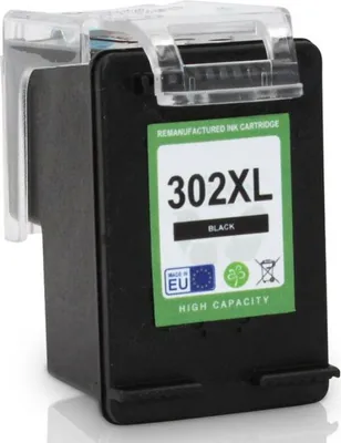 A black ink cartridge with a green label.