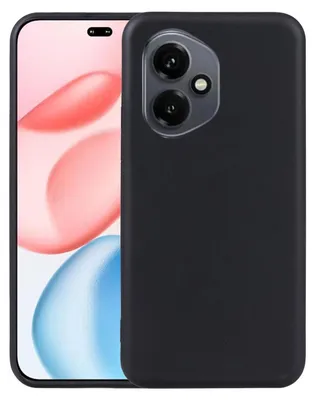 A black phone case is shown on a white background, with a portion of a phone screen visible behind it.