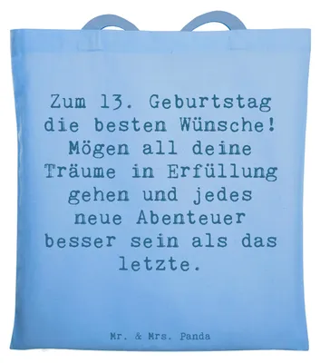 Produktbild von Mr. & Mrs. Panda Uni Tasche Spruch 13. Geburtstag Wünsche - Sky Blue - Geschenk, Jubiläum, Feier, Schultasche, Laptoptasche, Alter, Jutebeutel, Abenteuer, Happy Birthday