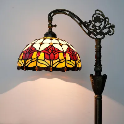 Produktbild von Stehlampe Stehleuchte Tiffany-Lampe - Rote Tulpe - 160 cm - Antikes Messing