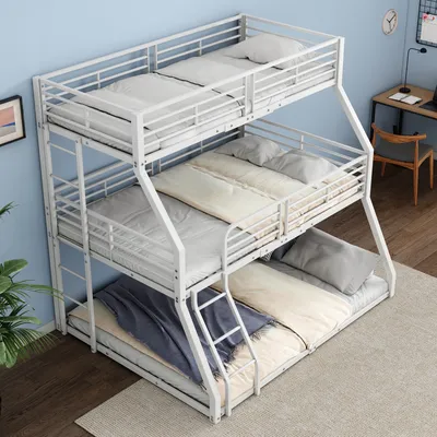Produktbild von MODFU Kinderbett Dreier-Etagenbett 90/120/140x200 mit 1*Matratze Stockbett Metallrahmen für 3 Kinder,Weiß