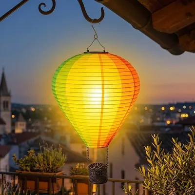 Produktbild von Solar Heißluftballon Lampe aus Nylon bunt zum Hängen groß - 58 cm - LED Garten Lichtspiel mit Flammen Effekt - Deko Gartenleuchte Laterne Solarleuchte