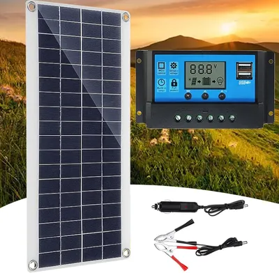 A solar panel kit is displayed outdoors with a scenic background of hills and a sunset.