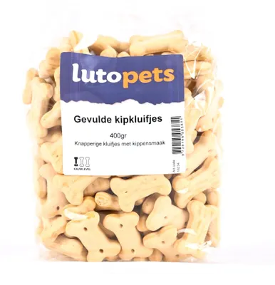 Imagen del producto de Lutopets: Huesos de pollo rellenos – 400 g – Galletas para perros rellenas
