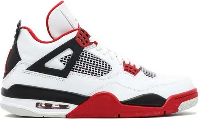 A side view of an Air Jordan 4 Retro Fire Red sneaker.