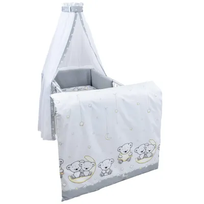 Produktbild von Baby-Delux Babybett Gitterbett Mia weiß 120×60 inkl. Matratze Bettwäsche Set 10tlg Teddy Mond Grau Waffelpique