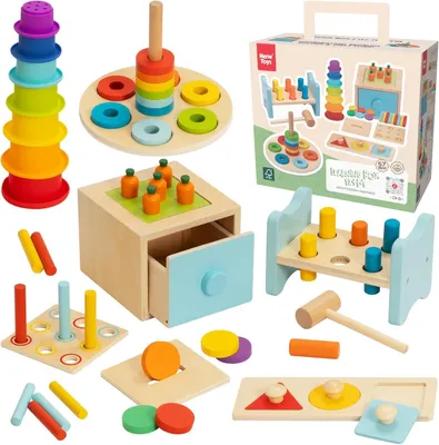 Imagen del producto de Juguetes Montessori para bebés de 1 año: Set de juguetes educativos para bebés de 12 a 24 meses, que incluye una caja de actividades con 3 elementos, vasos apilables de silicona y un banco con martillo