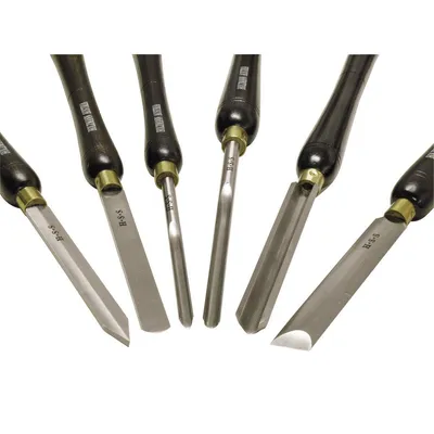 A set of six woodturning chisels arranged in a fan shape against a white background.