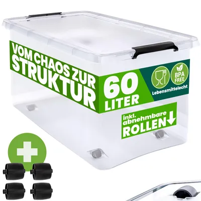 Produktbild von DEUBA® Aufbewahrungsboxen 60l mit Deckel und Rollen, stapelbar, transparent Kunststoff BPA-frei Klickverschluss, RB60 für Büro, Garage, Waschraum