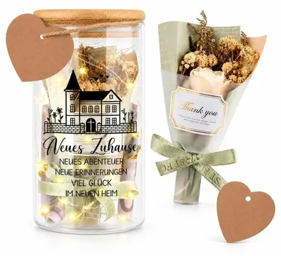 Image de Bouteille décorative LED avec inscription et fleurs séchées – Cadeau d'inauguration pour la maison et l'appartement