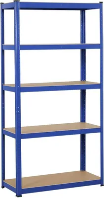 A blue metal shelving unit with five wooden shelves against a white background.