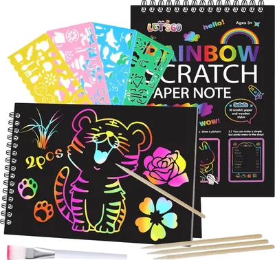Produktbild von Kratzbilder für Kinder, 2 Bogen Regenbogenpapier, magische Regenbogen-Kratzbilder mit 4 Stiften, 4 Malvorlagen, Kinderkunst