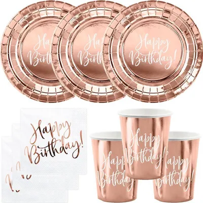 Produktbild von Roségold Einweggeschirr für 12 Personen Happy Birthday Teller, Becher, Servietten Party Deko Set