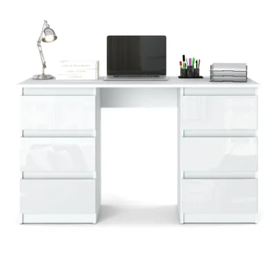Zdjęcie produktu dla AZ team ® Biurko BIAŁE BIAŁY POŁYSK 120 cm Biurko Szkolne 6 szuflad Stolik dla dziecka