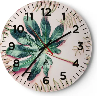 Produktbild von Wanduhr - Rund - Glasuhr - Blatt Tropisch Palme - 30x30cm - Schleichendes Uhrwerk - Lautlos - zum Aufhängen bereit - Dekoration Modern - Wanddekoration aus Glas - C4AR30x30-4314