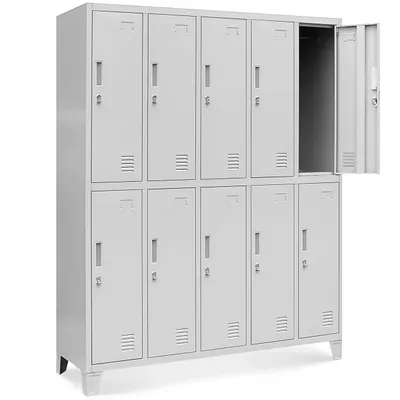 Obrázek produktu pro Skříňka 5B2A Plechová šatní skříňka na nožkách s 10 boxy skříňka kovová skříňka s 10 přihrádkami držák na štítky kovová 172 cm x 136 cm x 45 cm Barva: Šedá