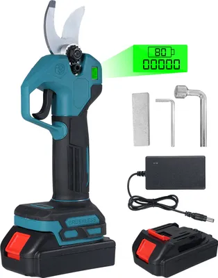 Zdjęcie produktu dla Bezszczotkowy sekator elektryczny z 2 akumulatorami 21 V 1300 mAh, przenośny sekator z wyświetlaczem LCD, średnica cięcia 35 mm do różnych ogrodów, parków, gospodarstw rolnych, szklarni, wtyczka UE